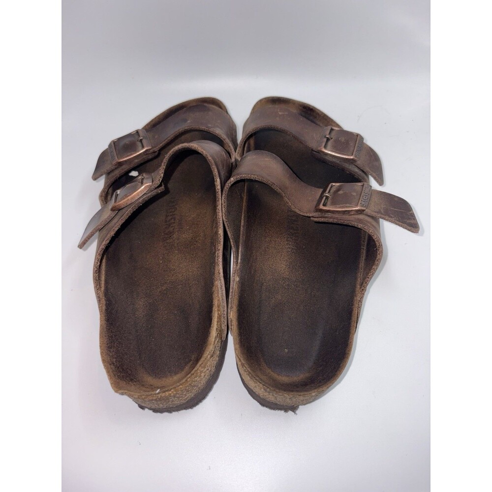 Birkenstock Arizona Sandals Mens 40 Brown Leather Two Strap Cork Footbed Slip On - Picture 3 of 10